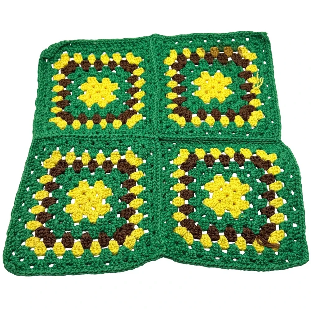 Handmade Vintage Granny Square Washcloth Crochet Heavy Duty Green Yellow 10.5in